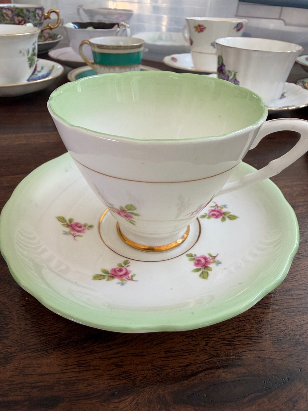 Royal Stafford Vintage Green Rim Floral Teacup and Saucer - Elegant Bone China